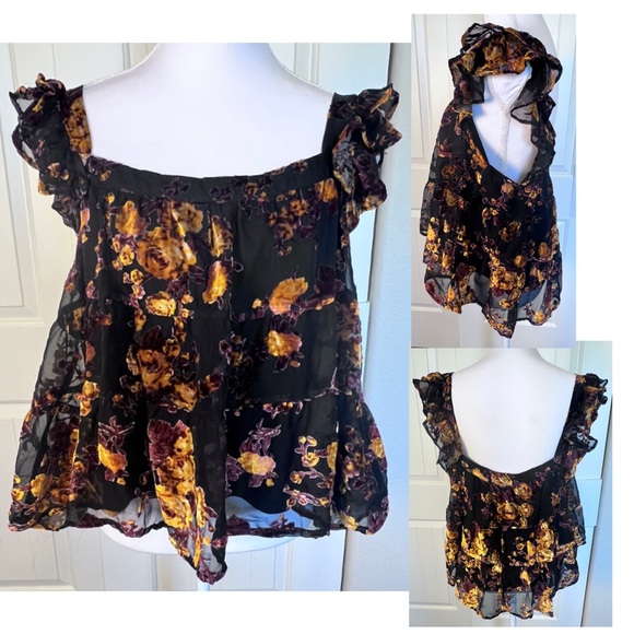 Blue Rain Tops - Velvet Burnout Babydoll Top Flutter Ruffle Sleeve Lined Tank Whimsigoth Sz Large